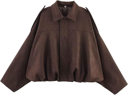 Damen Bomberjacke aus Wildlederimitat Frühling Revers Pilotenjacke Lässig Oversized Langarm Trendige Streetwear Oberbekleidung