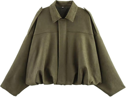 Damen Bomberjacke aus Wildlederimitat Frühling Revers Pilotenjacke Lässig Oversized Langarm Trendige Streetwear Oberbekleidung