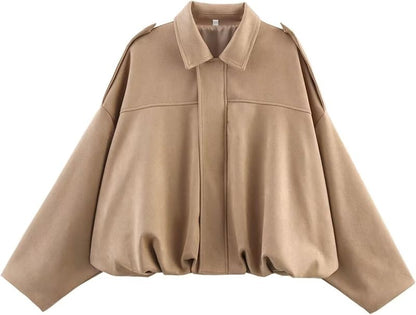 Damen Bomberjacke aus Wildlederimitat Frühling Revers Pilotenjacke Lässig Oversized Langarm Trendige Streetwear Oberbekleidung