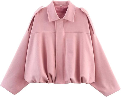 Damen Bomberjacke aus Wildlederimitat Frühling Revers Pilotenjacke Lässig Oversized Langarm Trendige Streetwear Oberbekleidung