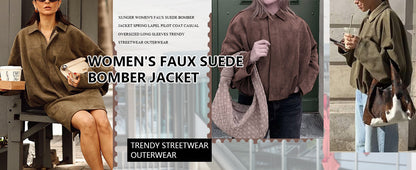 Damen Bomberjacke aus Wildlederimitat Frühling Revers Pilotenjacke Lässig Oversized Langarm Trendige Streetwear Oberbekleidung