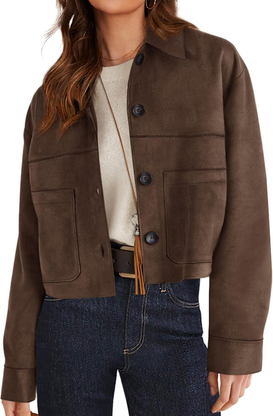 Women's Faux Suede Cropped Jacket Casual Lightweight Fall Fashion 2025 Winter Coats Outerwear Trendy Clothes - Seldom Seen Styles