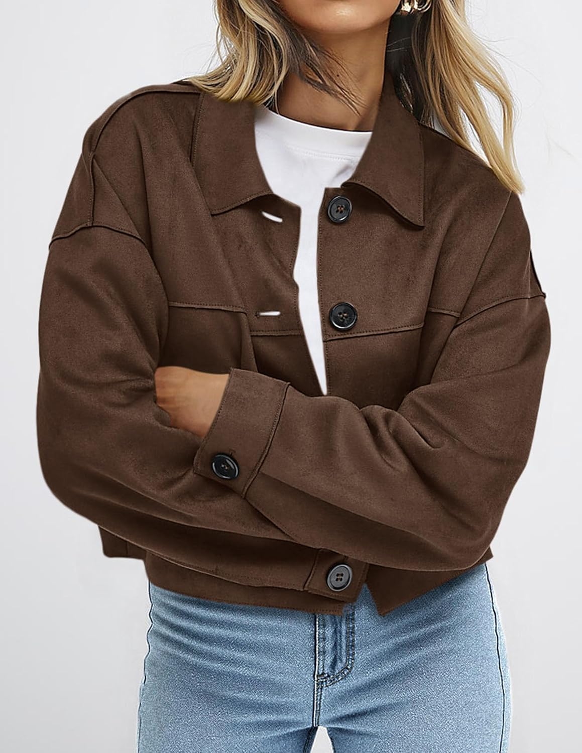 Women's Faux Suede Cropped Jacket Casual Lightweight Fall Fashion 2025 Winter Coats Outerwear Trendy Clothes - Seldom Seen Styles