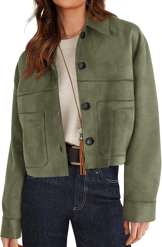 Women's Faux Suede Cropped Jacket Casual Lightweight Fall Fashion 2025 Winter Coats Outerwear Trendy Clothes - Seldom Seen Styles