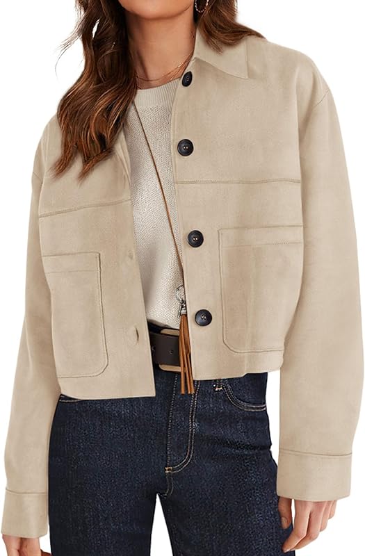 Women's Faux Suede Cropped Jacket Casual Lightweight Fall Fashion 2025 Winter Coats Outerwear Trendy Clothes - Seldom Seen Styles