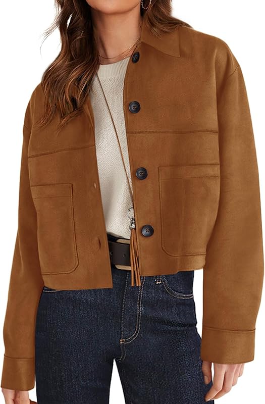 Women's Faux Suede Cropped Jacket Casual Lightweight Fall Fashion 2025 Winter Coats Outerwear Trendy Clothes - Seldom Seen Styles