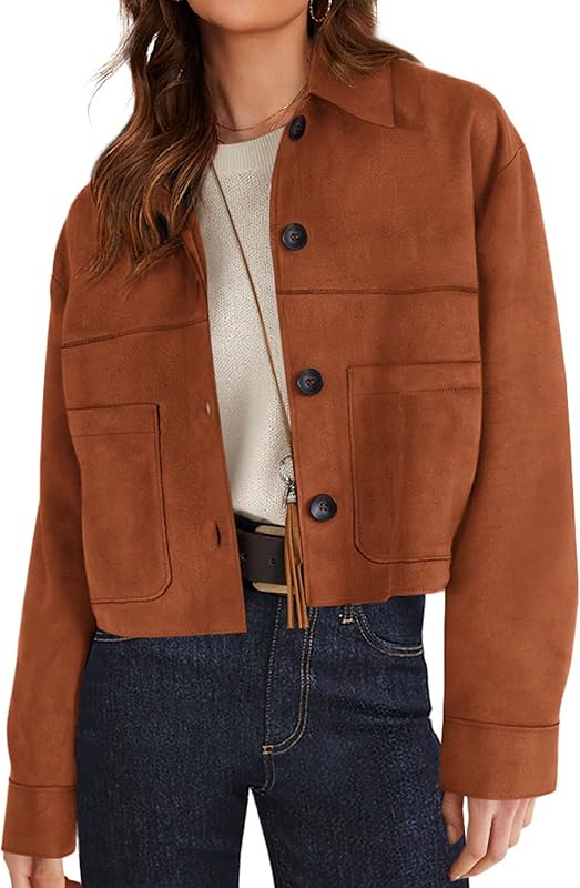 Women's Faux Suede Cropped Jacket Casual Lightweight Fall Fashion 2025 Winter Coats Outerwear Trendy Clothes - Seldom Seen Styles