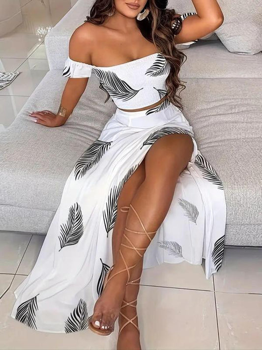Women's Feather Print Off Shoulder Crop Top Split Thigh Skirt Two Piece Set Summer Vacation Outfit - Seldom Seen Styles