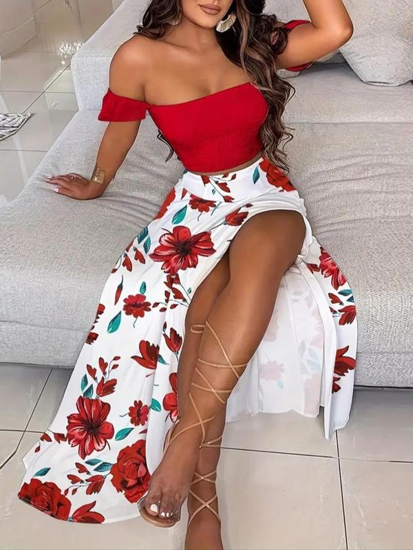 Women's Feather Print Off Shoulder Crop Top Split Thigh Skirt Two Piece Set Summer Vacation Outfit - Seldom Seen Styles