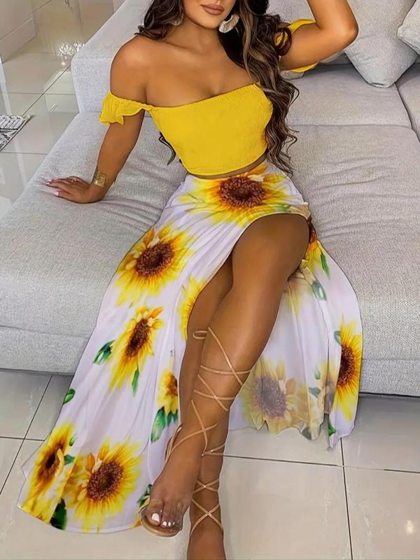 Women's Feather Print Off Shoulder Crop Top Split Thigh Skirt Two Piece Set Summer Vacation Outfit - Seldom Seen Styles