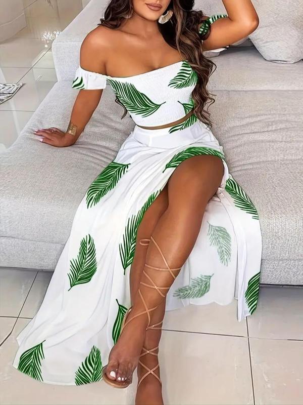 Women's Feather Print Off Shoulder Crop Top Split Thigh Skirt Two Piece Set Summer Vacation Outfit - Seldom Seen Styles