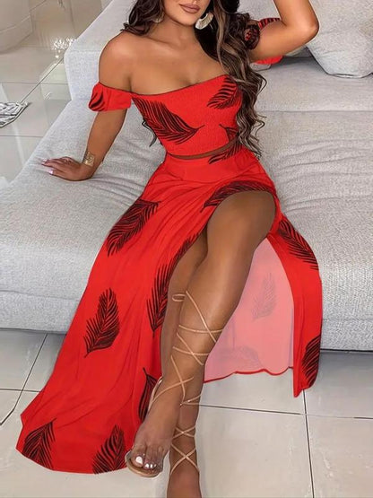Zweiteiliges Set für Damen, schulterfreies Crop-Top mit Federdruck und Rock mit Schlitz am Oberschenkel, lässiges, modisches, gemütliches Top und Rock für den täglichen Urlaub, Damen-Outfits für den Sommer