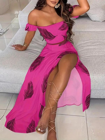 Zweiteiliges Set für Damen, schulterfreies Crop-Top mit Federdruck und Rock mit Schlitz am Oberschenkel, lässiges, modisches, gemütliches Top und Rock für den täglichen Urlaub, Damen-Outfits für den Sommer