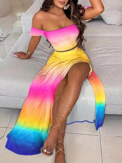 Zweiteiliges Set für Damen, schulterfreies Crop-Top mit Federdruck und Rock mit Schlitz am Oberschenkel, lässiges, modisches, gemütliches Top und Rock für den täglichen Urlaub, Damen-Outfits für den Sommer