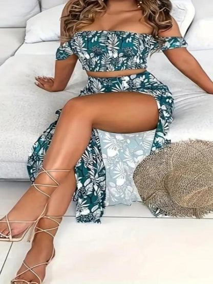 Zweiteiliges Set für Damen, schulterfreies Crop-Top mit Federdruck und Rock mit Schlitz am Oberschenkel, lässiges, modisches, gemütliches Top und Rock für den täglichen Urlaub, Damen-Outfits für den Sommer