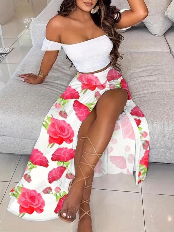 Women's Feather Print Off Shoulder Crop Top Split Thigh Skirt Two Piece Set Summer Vacation Outfit - Seldom Seen Styles