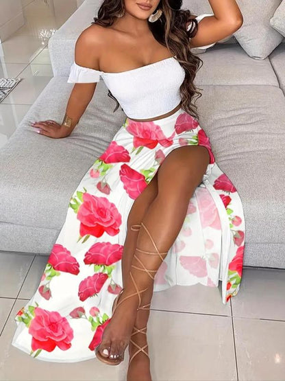 Zweiteiliges Set für Damen, schulterfreies Crop-Top mit Federdruck und Rock mit Schlitz am Oberschenkel, lässiges, modisches, gemütliches Top und Rock für den täglichen Urlaub, Damen-Outfits für den Sommer