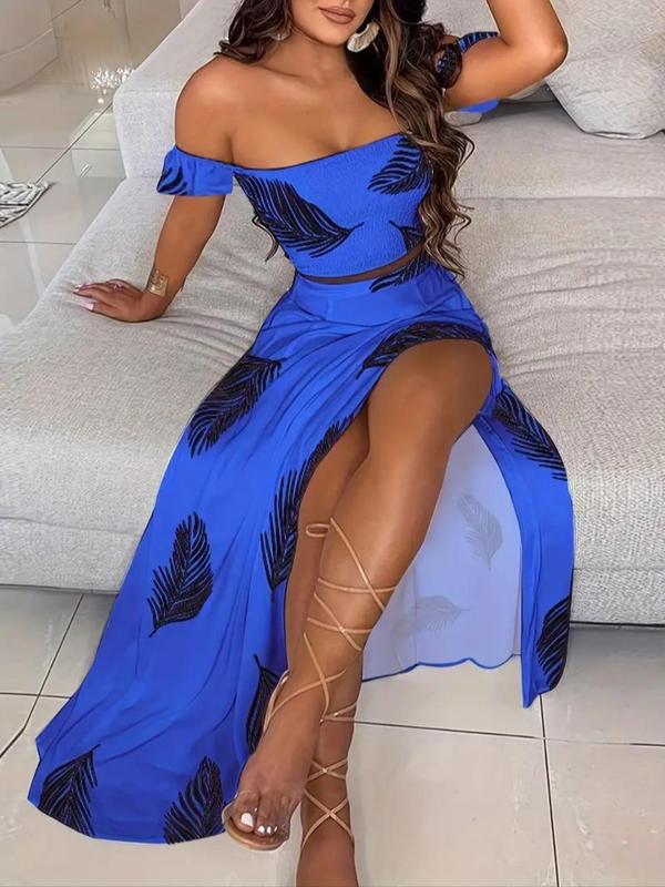 Women's Feather Print Off Shoulder Crop Top Split Thigh Skirt Two Piece Set Summer Vacation Outfit - Seldom Seen Styles
