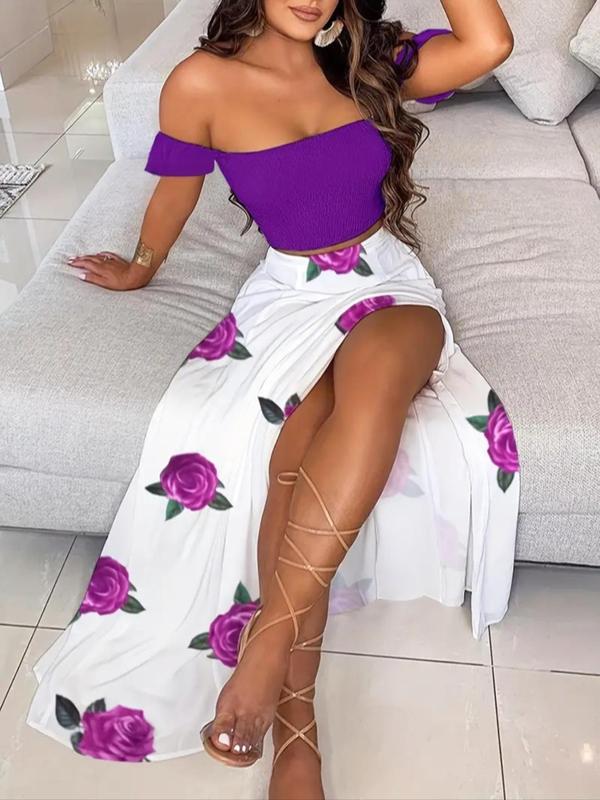 Women's Feather Print Off Shoulder Crop Top Split Thigh Skirt Two Piece Set Summer Vacation Outfit - Seldom Seen Styles