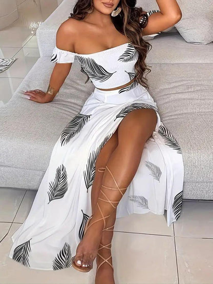 Zweiteiliges Set für Damen, schulterfreies Crop-Top mit Federdruck und Rock mit Schlitz am Oberschenkel, lässiges, modisches, gemütliches Top und Rock für den täglichen Urlaub, Damen-Outfits für den Sommer