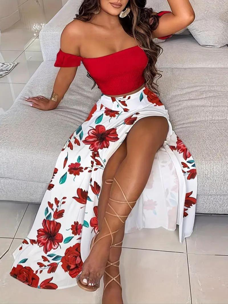 Women's Feather Print Off Shoulder Crop Top Split Thigh Skirt Two Piece Set Summer Vacation Outfit - Seldom Seen Styles