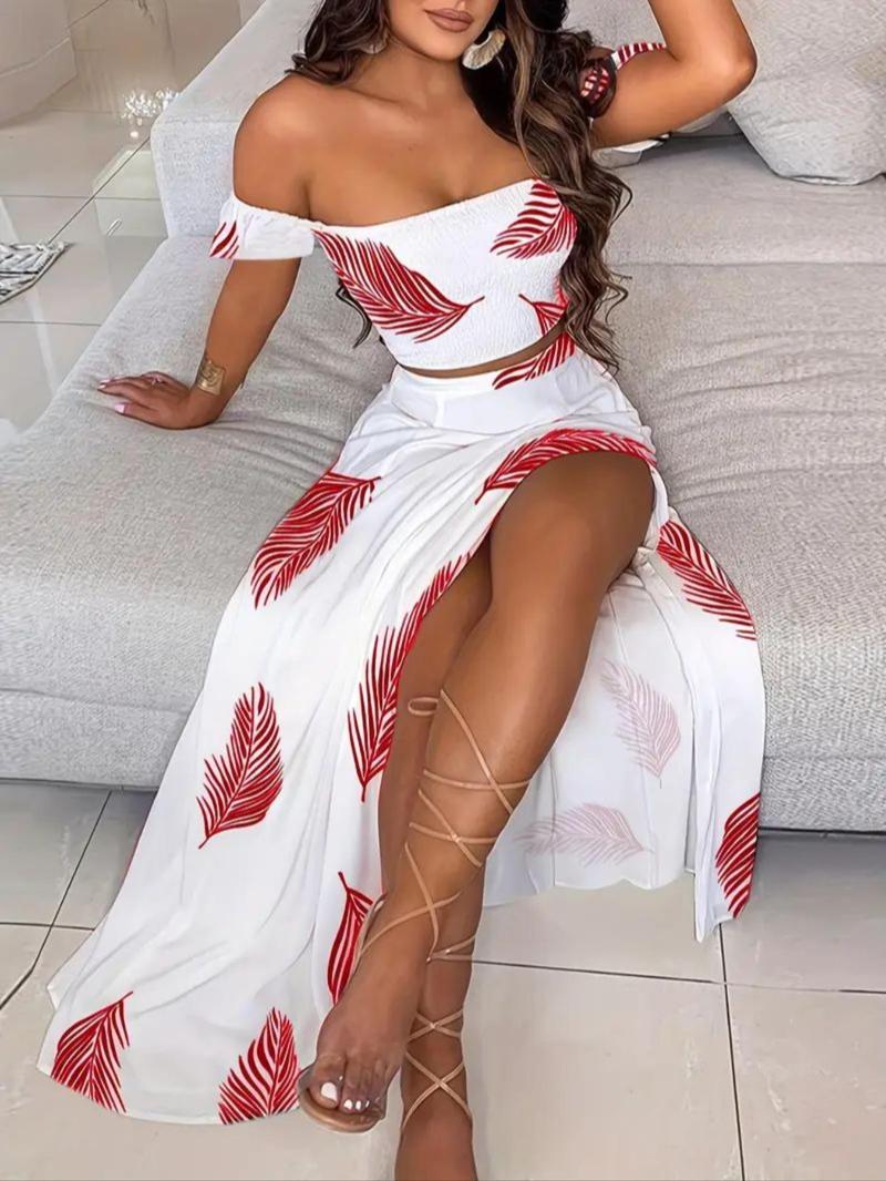 Women's Feather Print Off Shoulder Crop Top Split Thigh Skirt Two Piece Set Summer Vacation Outfit - Seldom Seen Styles