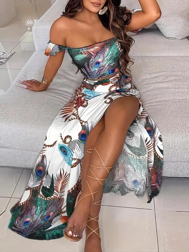 Women's Feather Print Off Shoulder Crop Top Split Thigh Skirt Two Piece Set Summer Vacation Outfit - Seldom Seen Styles