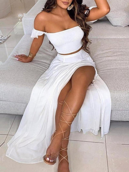 Zweiteiliges Set für Damen, schulterfreies Crop-Top mit Federdruck und Rock mit Schlitz am Oberschenkel, lässiges, modisches, gemütliches Top und Rock für den täglichen Urlaub, Damen-Outfits für den Sommer