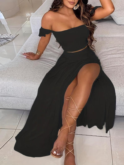 Zweiteiliges Set für Damen, schulterfreies Crop-Top mit Federdruck und Rock mit Schlitz am Oberschenkel, lässiges, modisches, gemütliches Top und Rock für den täglichen Urlaub, Damen-Outfits für den Sommer