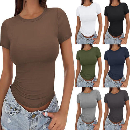 Women's Fitted Crew Neck T Shirt Slim Fit Short Sleeve Basic Tee Stretch Casual Summer Top - Seldom Seen Styles