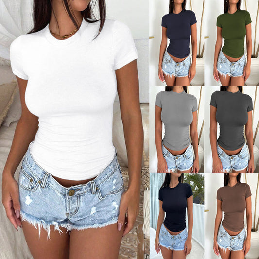 Women's Fitted Crew Neck T Shirt Slim Fit Short Sleeve Basic Tee Stretch Y2K Casual Summer Top - Seldom Seen Styles