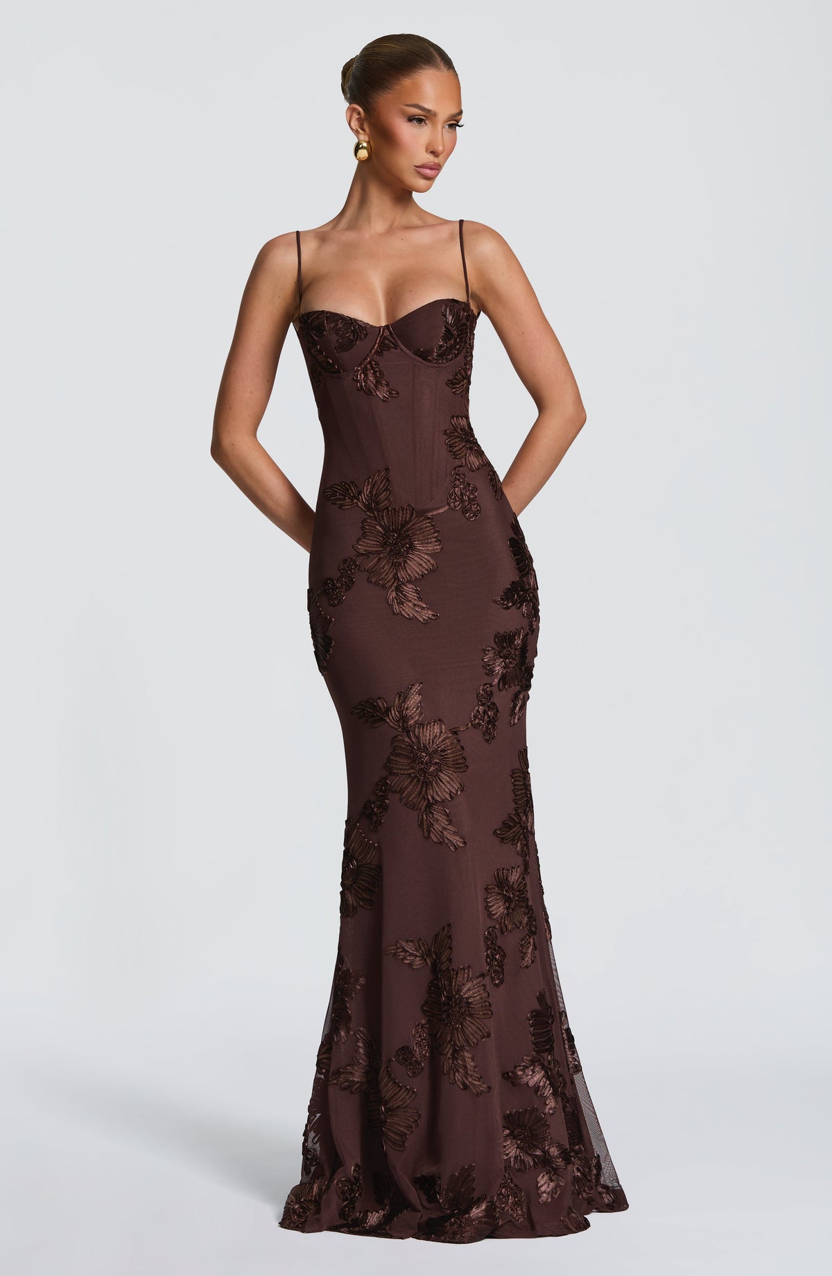 Women's Floral Applique Corset Maxi Dress Underwired Lace Up Back Fit Flare Skirt Formal Prom Wedding Guest Evening Dress Plum Brown - Seldom Seen Styles