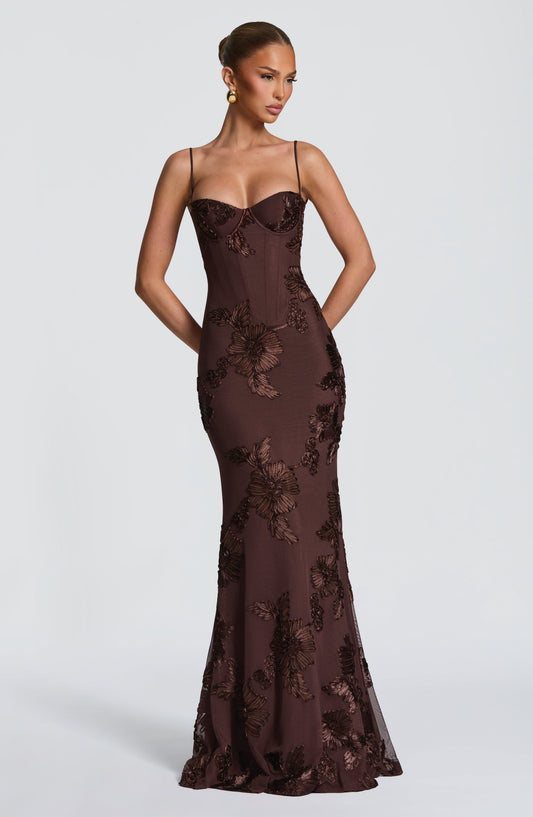 Women's Floral Applique Corset Maxi Dress Underwired Lace Up Back Fit Flare Skirt Formal Prom Wedding Guest Evening Dress Plum Brown - Seldom Seen Styles