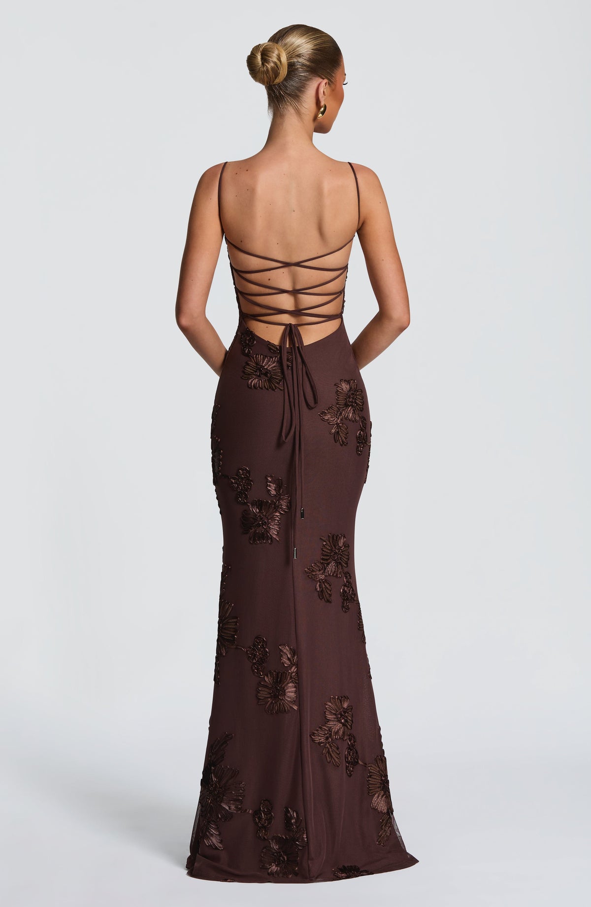 Women's Floral Applique Corset Maxi Dress Underwired Lace Up Back Fit Flare Skirt Formal Prom Wedding Guest Evening Dress Plum Brown - Seldom Seen Styles