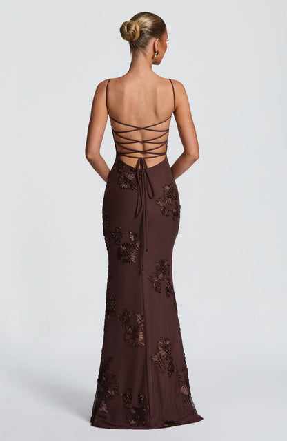 Women's Floral Applique Corset Maxi Dress Underwired Lace Up Back Fit Flare Skirt Formal Prom Wedding Guest Evening Dress Plum Brown