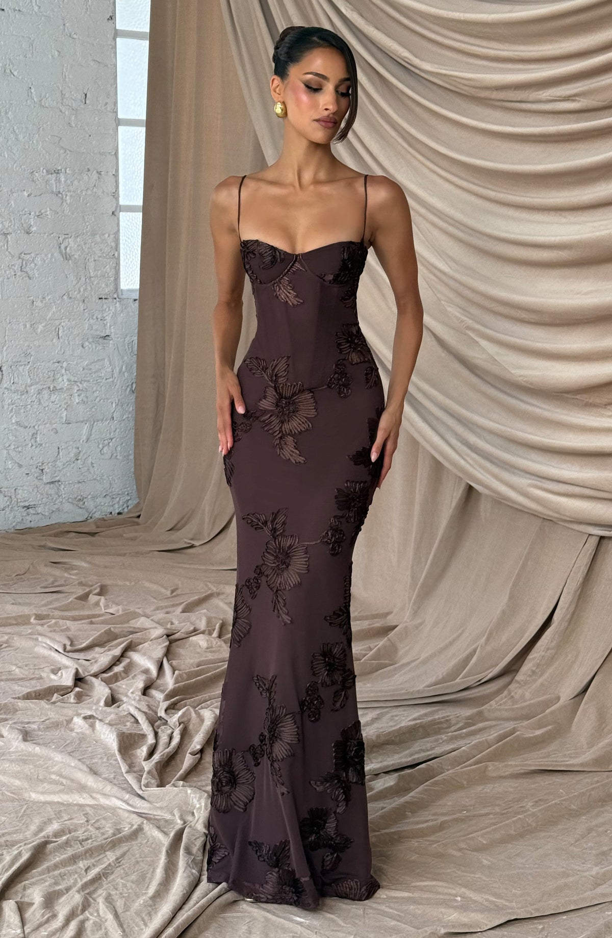 Women's Floral Applique Corset Maxi Dress Underwired Lace Up Back Fit Flare Skirt Formal Prom Wedding Guest Evening Dress Plum Brown - Seldom Seen Styles