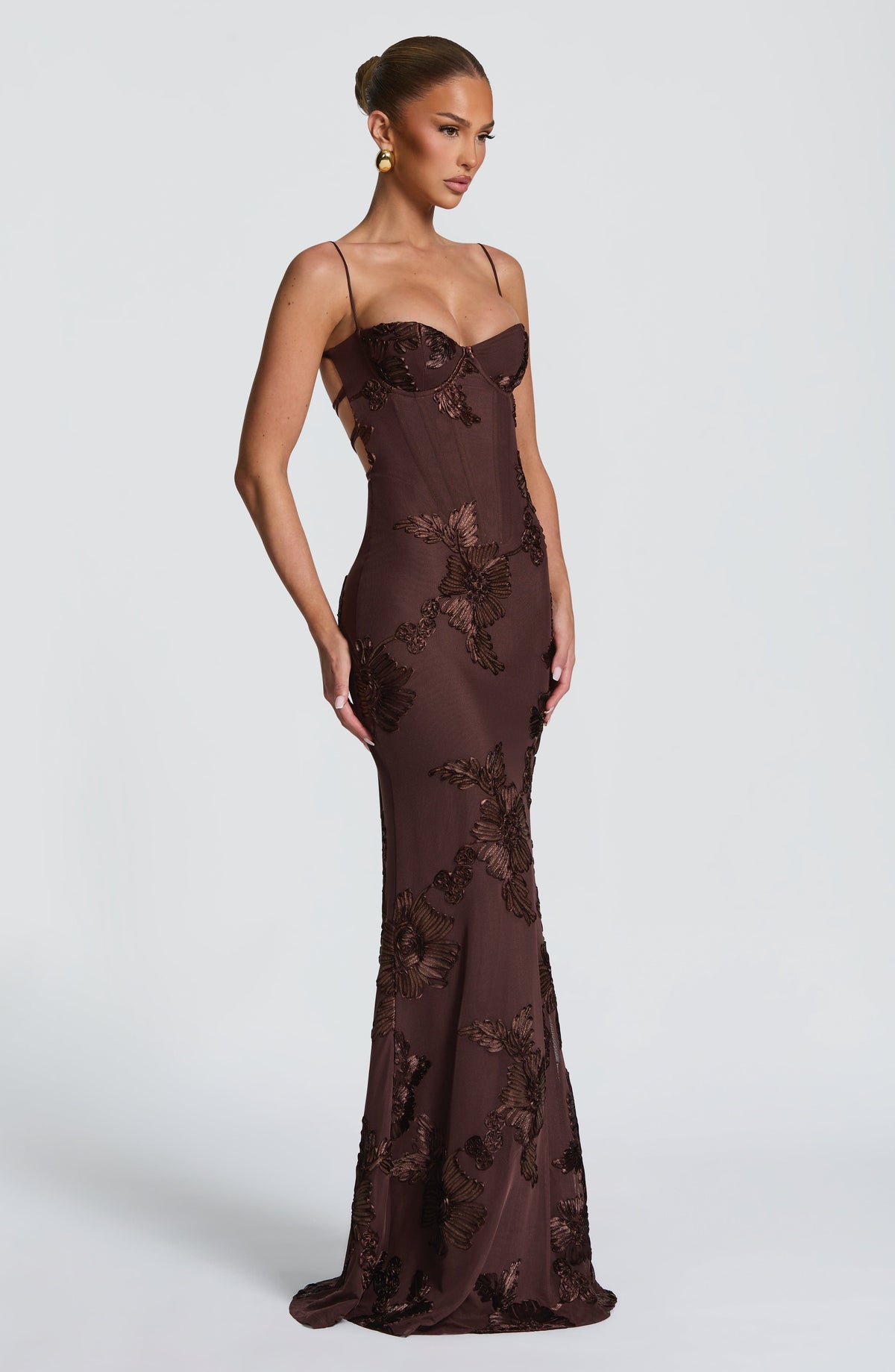 Women's Floral Applique Corset Maxi Dress Underwired Lace Up Back Fit Flare Skirt Formal Prom Wedding Guest Evening Dress Plum Brown - Seldom Seen Styles