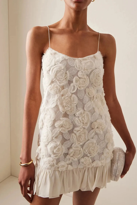 Women's Floral Applique Mini Dress White Lace Spaghetti Strap Elegant Party Cocktail Dress - Seldom Seen Styles