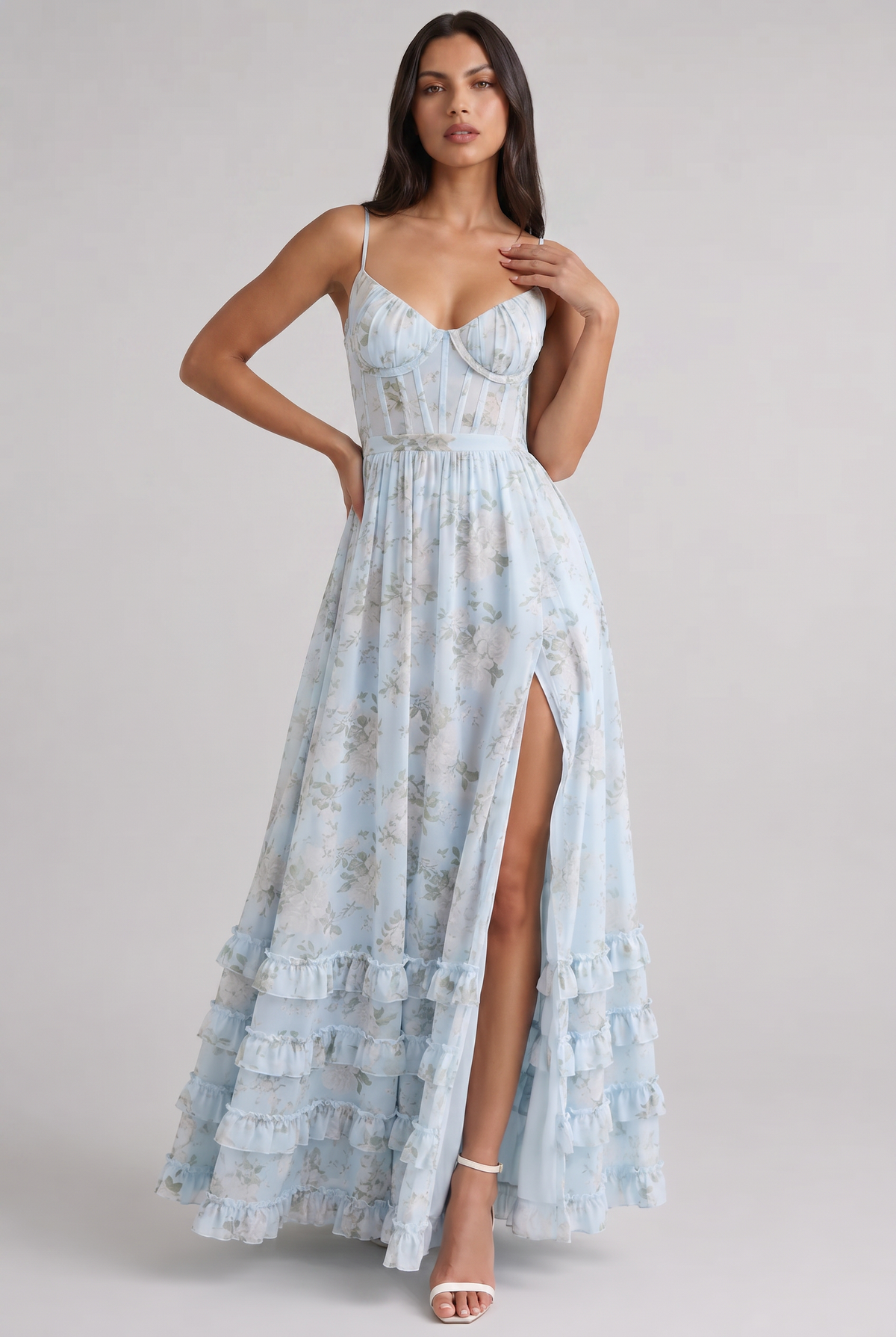 Women's Floral Corset Maxi Dress Ruffled High Slit Romantic Wedding Guest Summer Dress - Seldom Seen Styles
