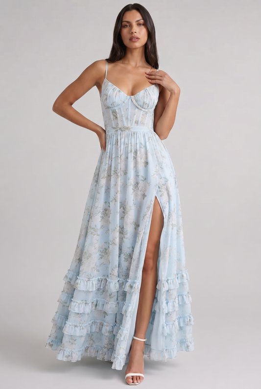 Women's Floral Corset Maxi Dress Ruffled High Slit Romantic Wedding Guest Summer Dress - Seldom Seen Styles