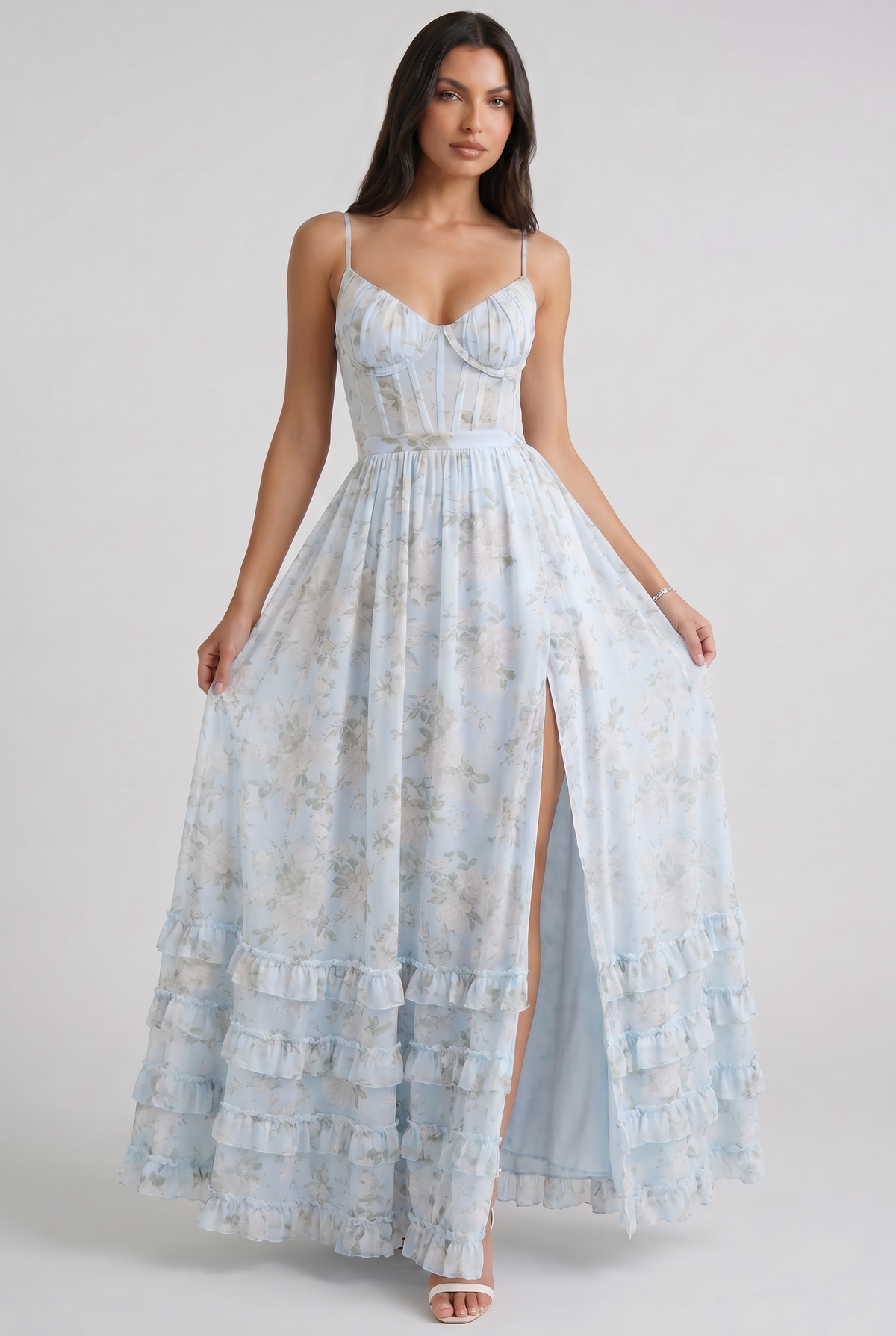 Women's Floral Corset Maxi Dress Ruffled High Slit Romantic Wedding Guest Summer Dress - Seldom Seen Styles
