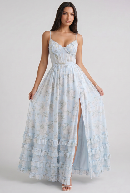 Women's Floral Corset Maxi Dress Ruffled High Slit Romantic Wedding Guest Summer Dress