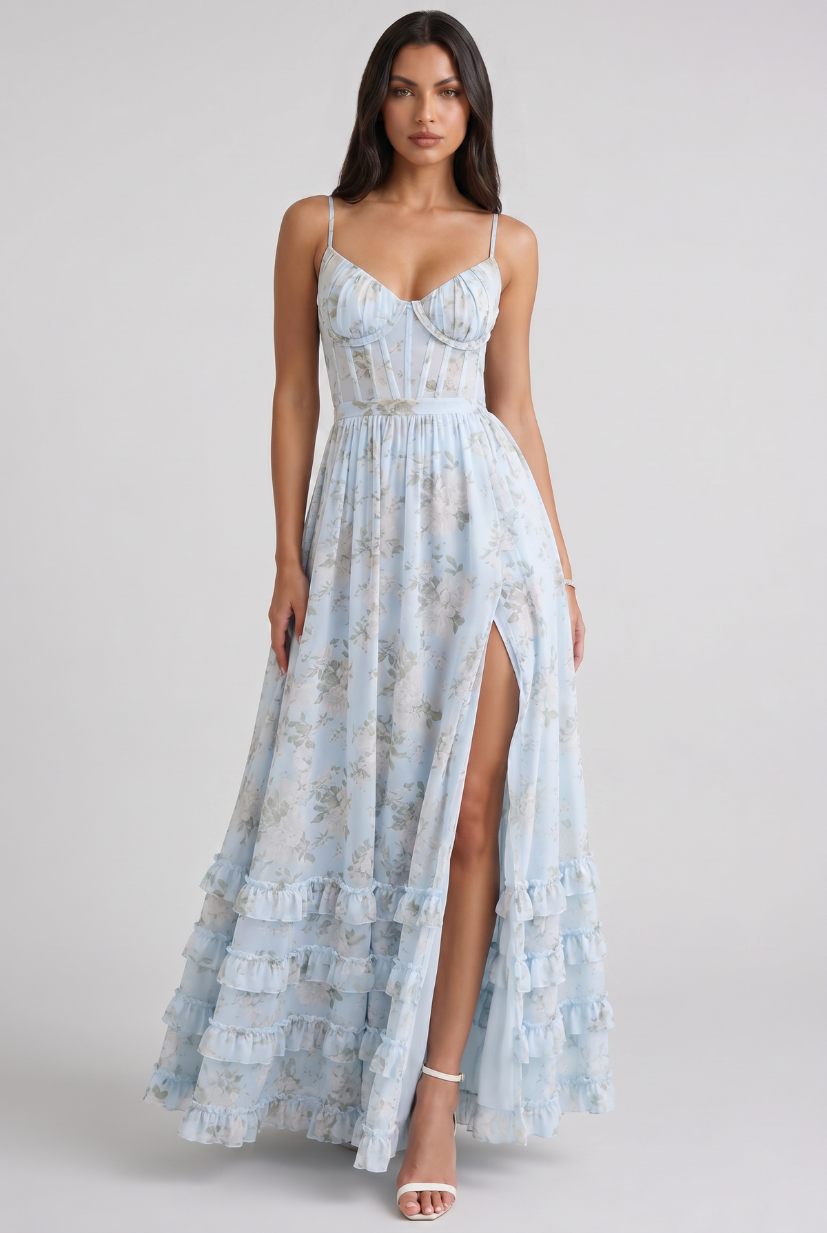 Women's Floral Corset Maxi Dress Ruffled High Slit Romantic Wedding Guest Summer Dress - Seldom Seen Styles