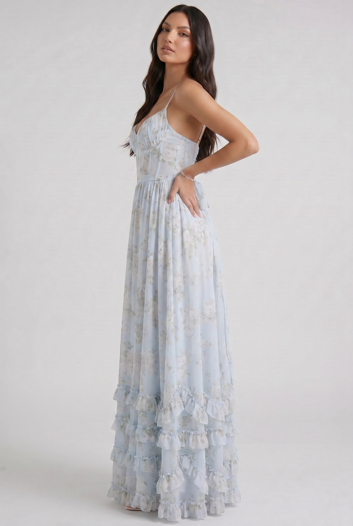 Women's Floral Corset Maxi Dress Ruffled High Slit Romantic Wedding Guest Summer Dress - Seldom Seen Styles