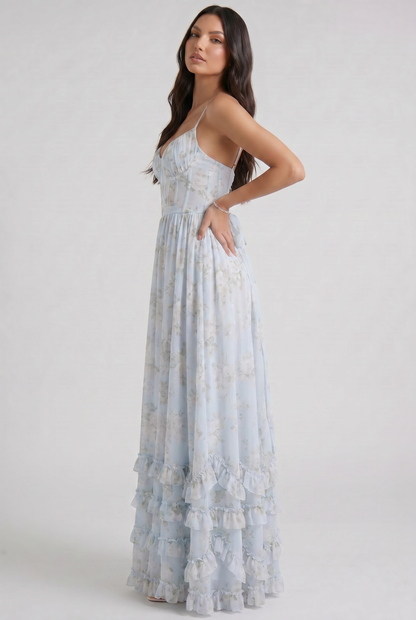 Women's Floral Corset Maxi Dress Ruffled High Slit Romantic Wedding Guest Summer Dress