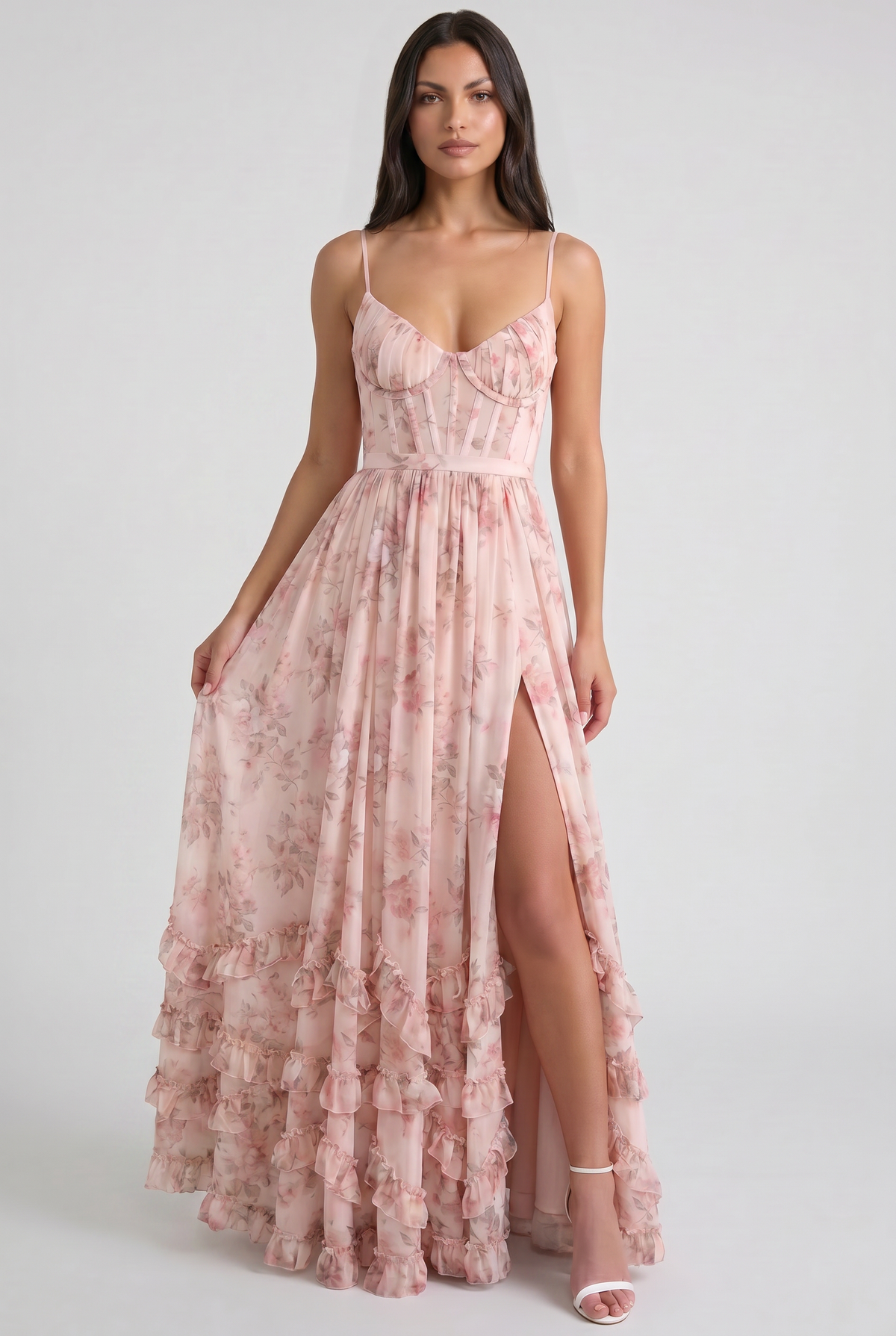 Women's Floral Corset Maxi Dress Ruffled High Slit Romantic Wedding Guest Summer Dress - Seldom Seen Styles