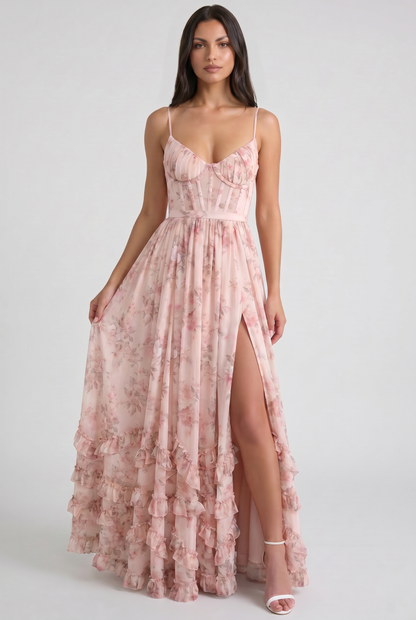 Women's Floral Corset Maxi Dress Ruffled High Slit Romantic Wedding Guest Summer Dress