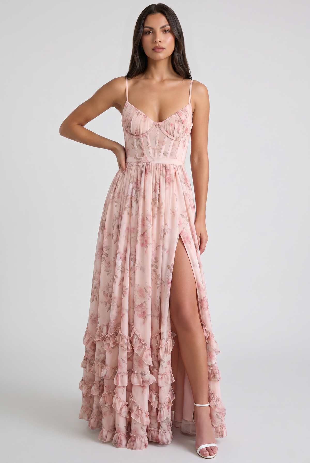 Women's Floral Corset Maxi Dress Ruffled High Slit Romantic Wedding Guest Summer Dress - Seldom Seen Styles
