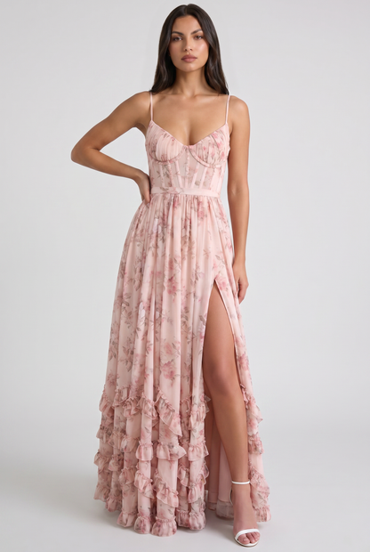Women's Floral Corset Maxi Dress Ruffled High Slit Romantic Wedding Guest Summer Dress