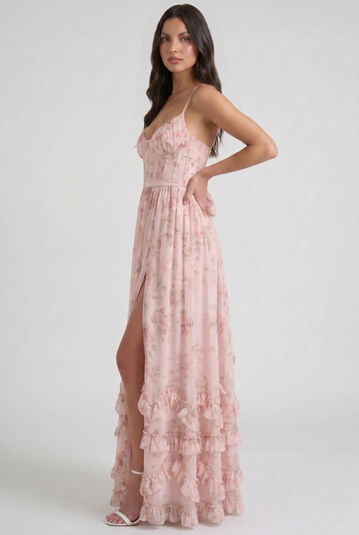 Women's Floral Corset Maxi Dress Ruffled High Slit Romantic Wedding Guest Summer Dress - Seldom Seen Styles